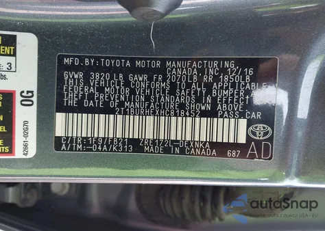 2017 Toyota Corolla Le from USA, damaged, VIN 2T1BURHEXHC818452